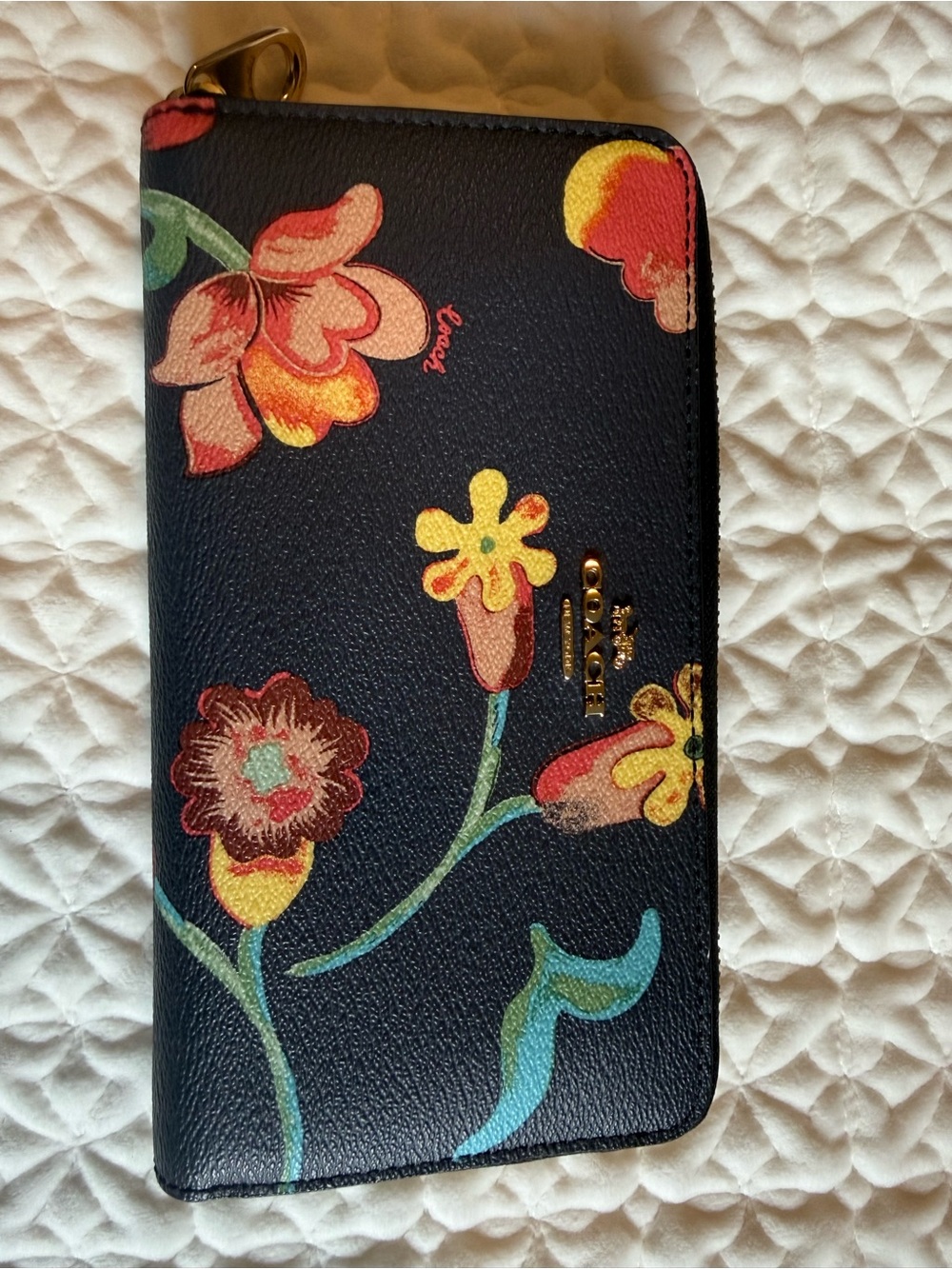 Coach Navy Floral Zip Wallet with Multicolor Blooms